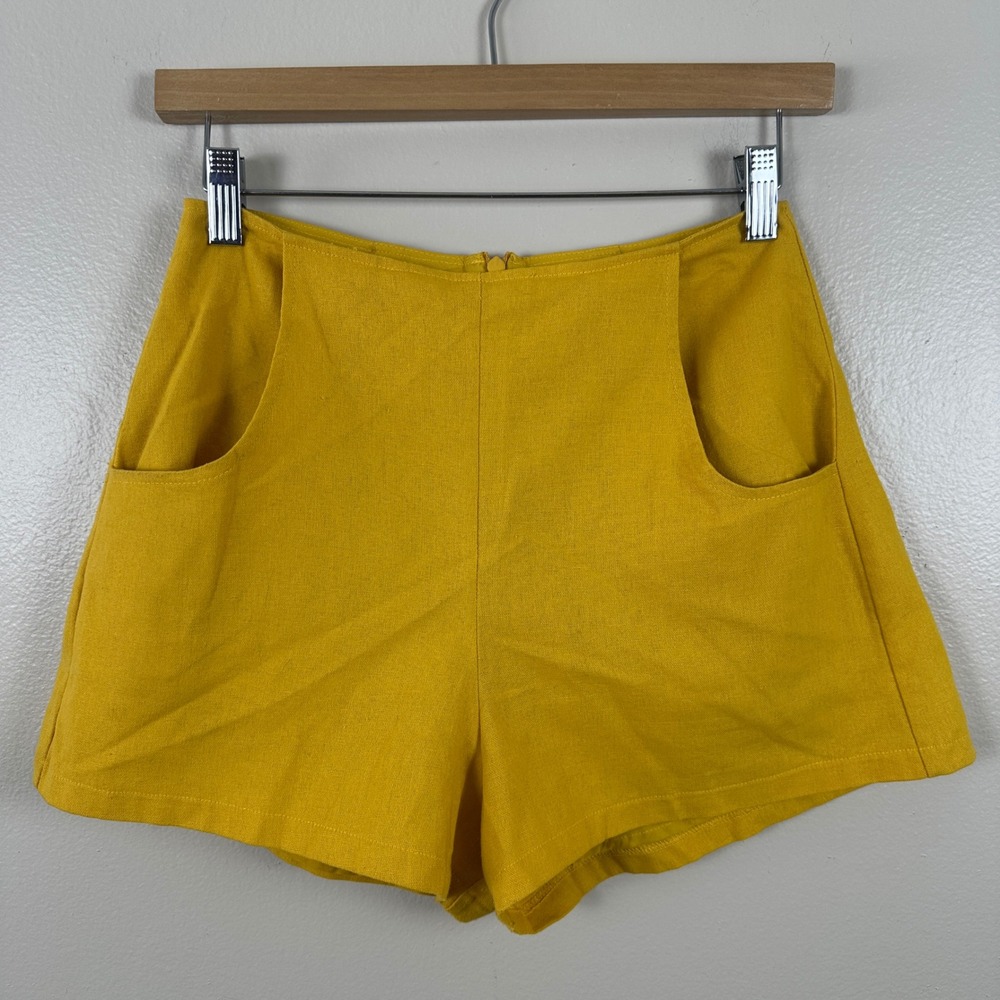Leith Women's XS Shorts Mustard Yellow Linen Blend High Waisted Back Zip Pocket
